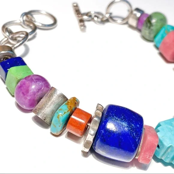 Harold Lujan Unsigned Bracelet w/ Sterling Hand Stamped Beads & Hand Cut Stones - Picture 8 of 16